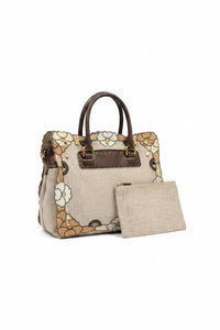 Fendi SS 2010 Linen & Leather Floral Appliqué Satchel Tote Bag