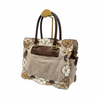 Fendi SS 2010 Linen & Leather Floral Appliqué Satchel Tote Bag