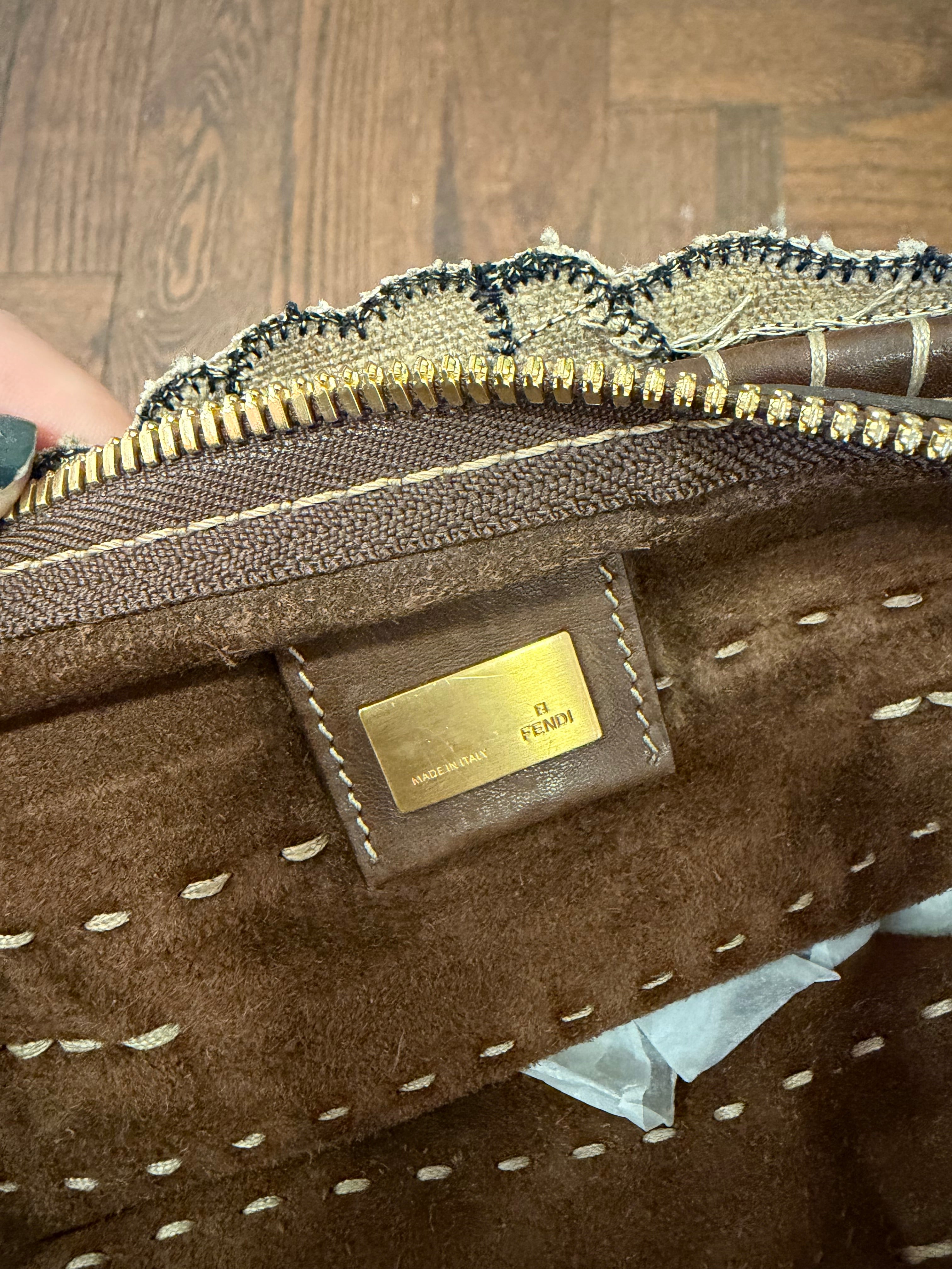 Fendi SS 2010 Linen & Leather Floral Appliqué Satchel Tote Bag