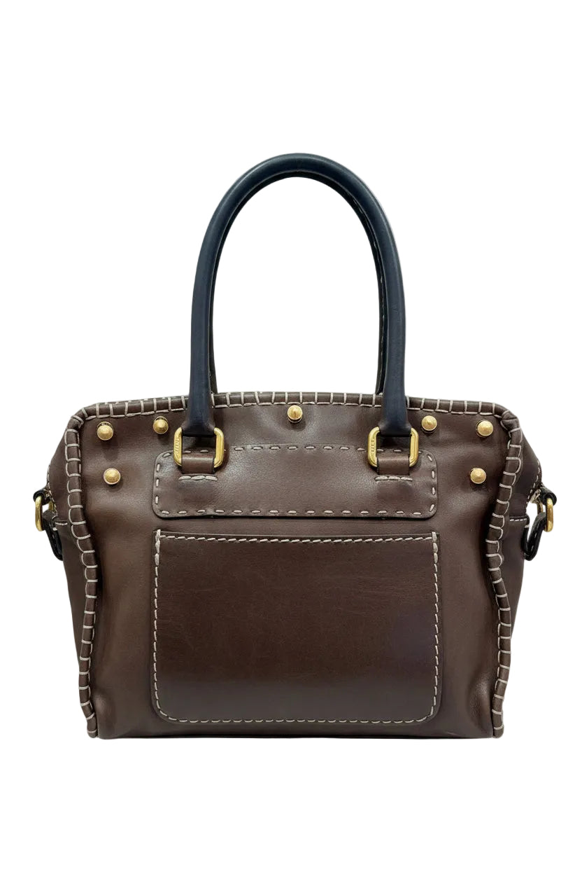 Fendi SS 2010 Linen & Leather Floral Appliqué Satchel Tote Bag