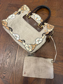 Fendi SS 2010 Linen & Leather Floral Appliqué Satchel Tote Bag