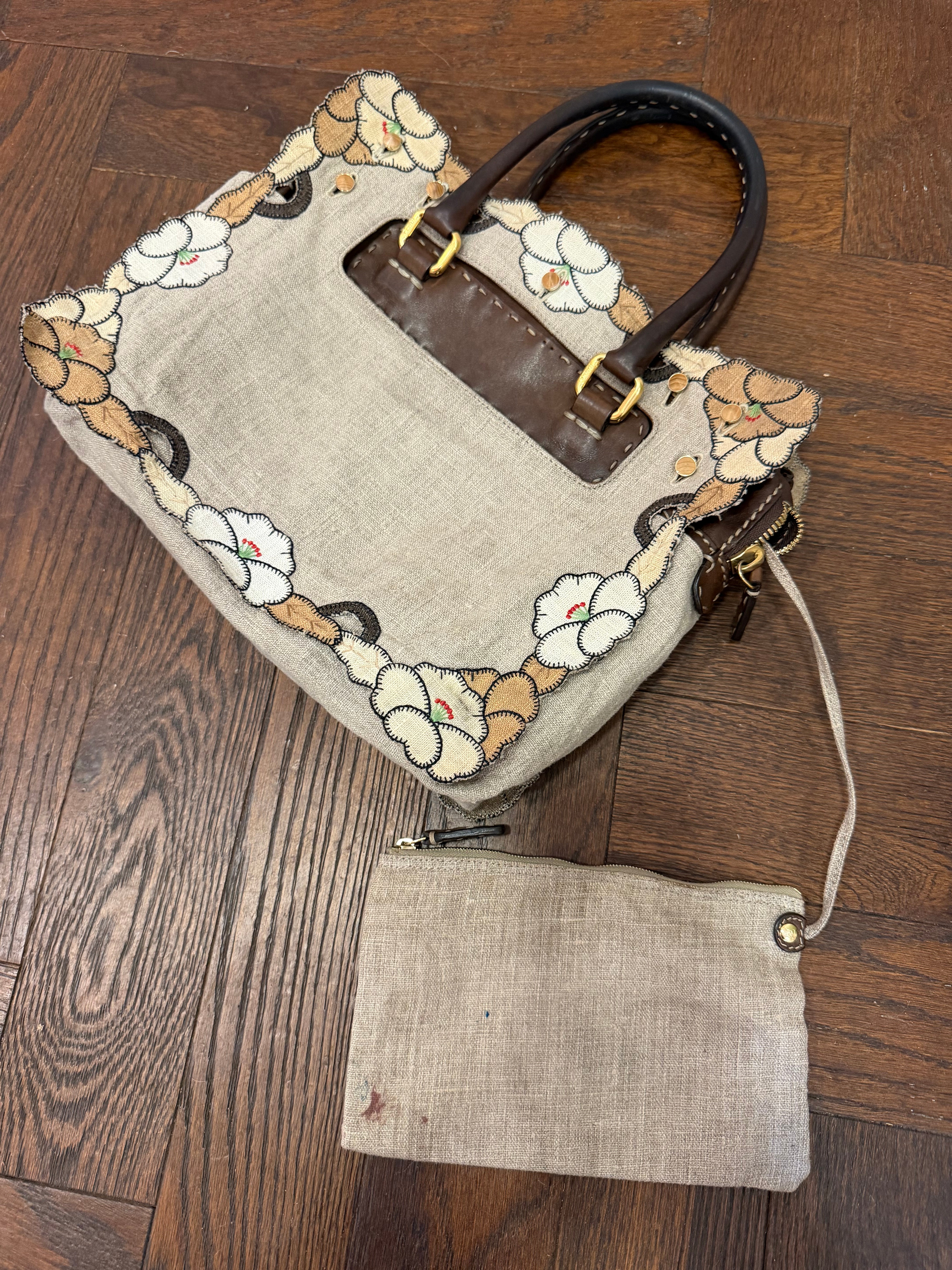 Fendi SS 2010 Linen & Leather Floral Appliqué Satchel Tote Bag