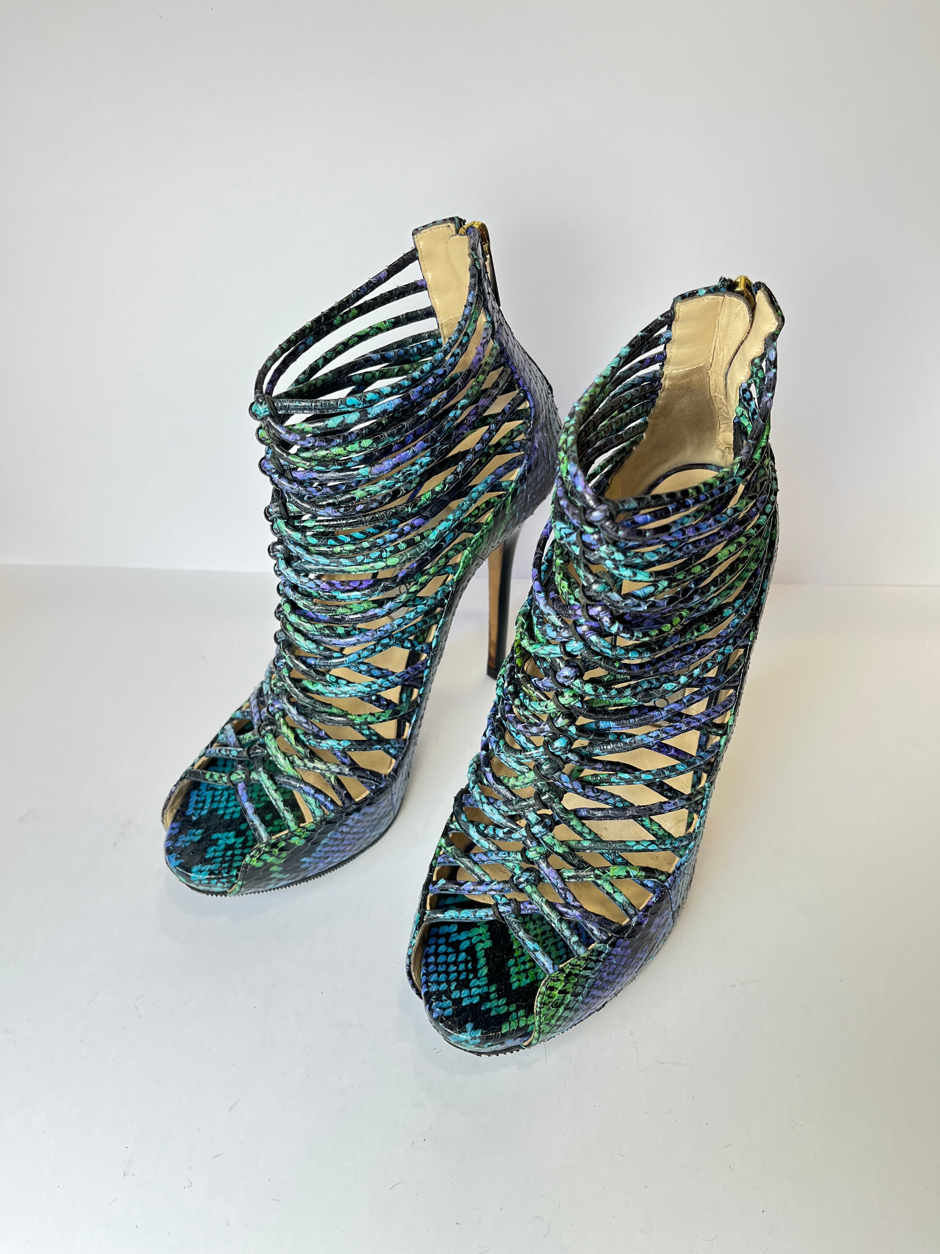 Jimmy Choo SS10 Quaker Elaphe Snakeskin Cage Sandals 39.5EU