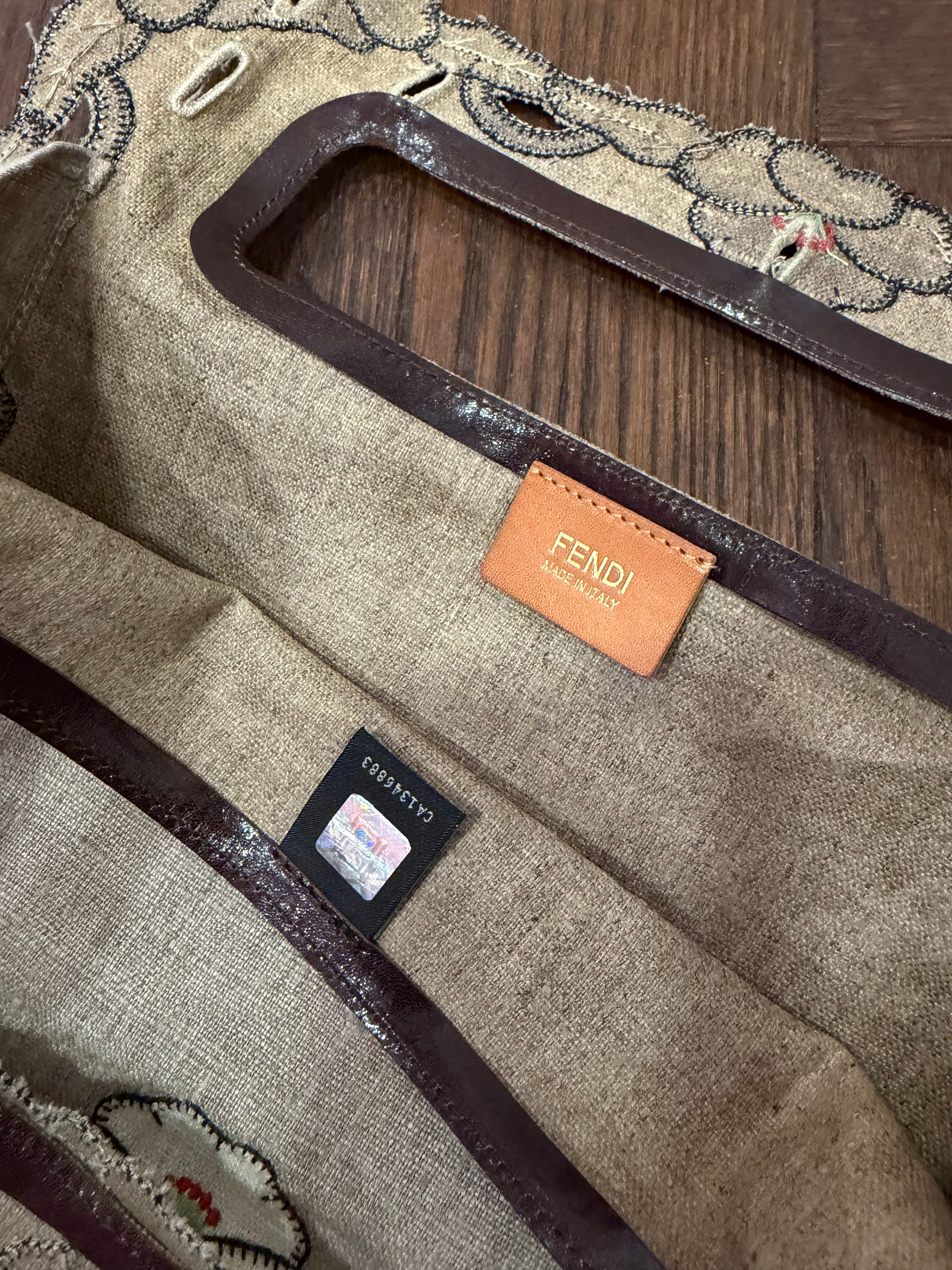 Fendi SS 2010 Linen & Leather Floral Appliqué Satchel Tote Bag