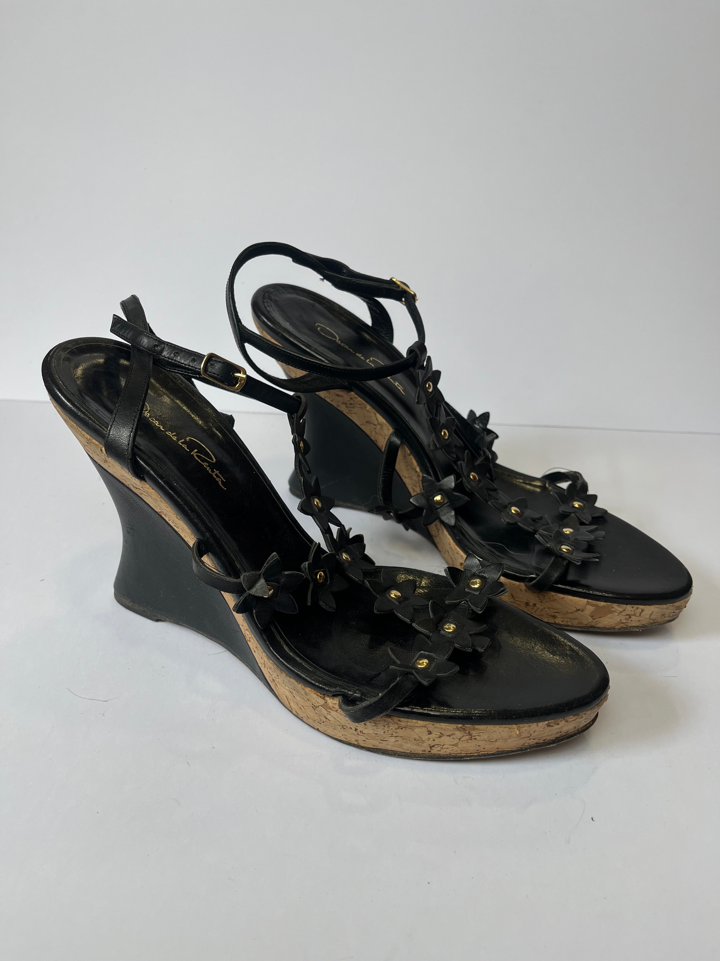 Oscar De La Renta Floral Embellished Cork Wedge Sandals 40EU
