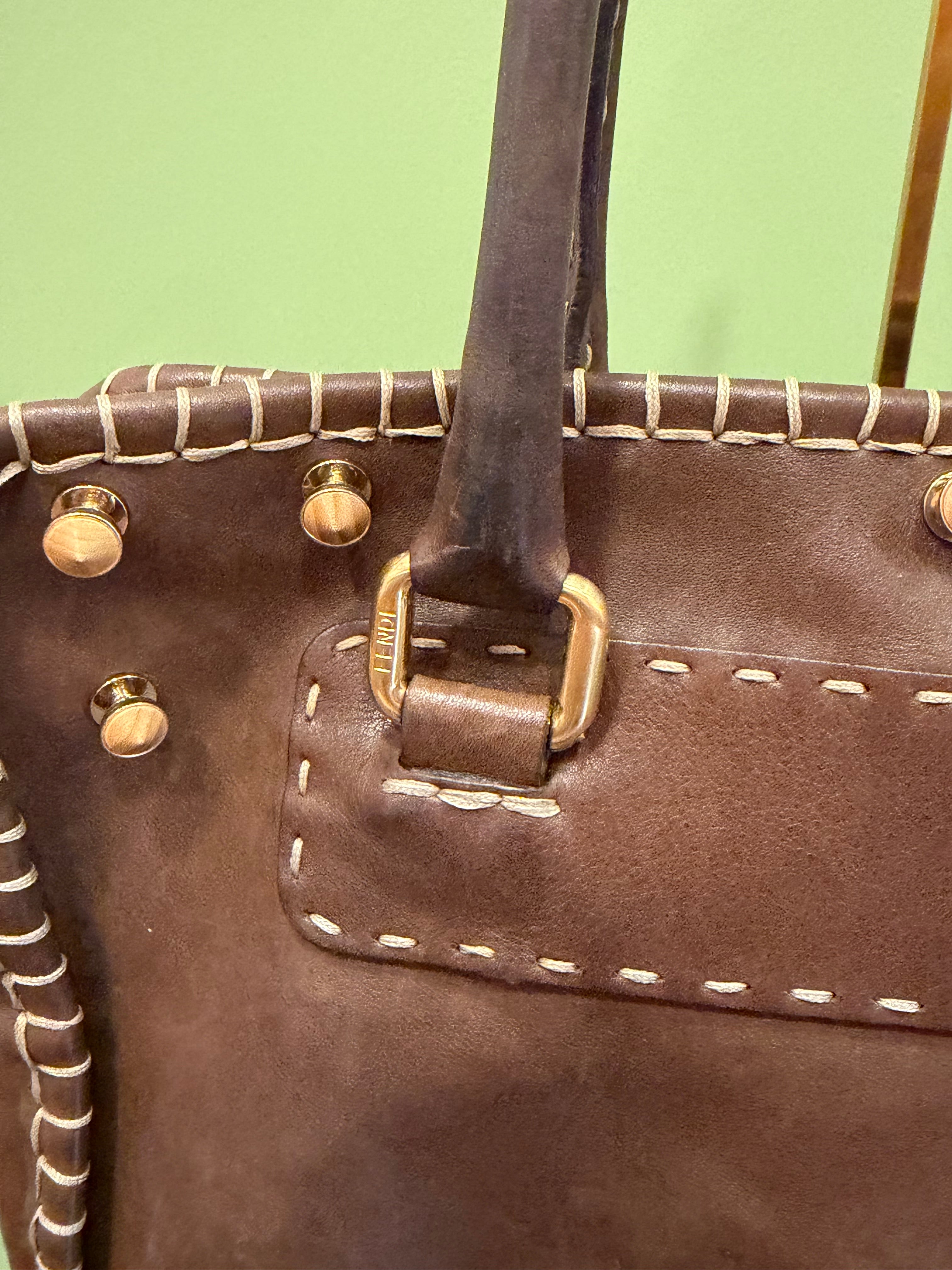 Fendi SS 2010 Linen & Leather Floral Appliqué Satchel Tote Bag