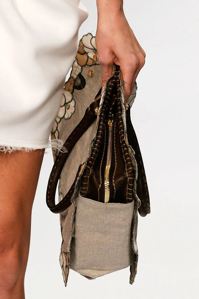Fendi SS 2010 Linen & Leather Floral Appliqué Satchel Tote Bag