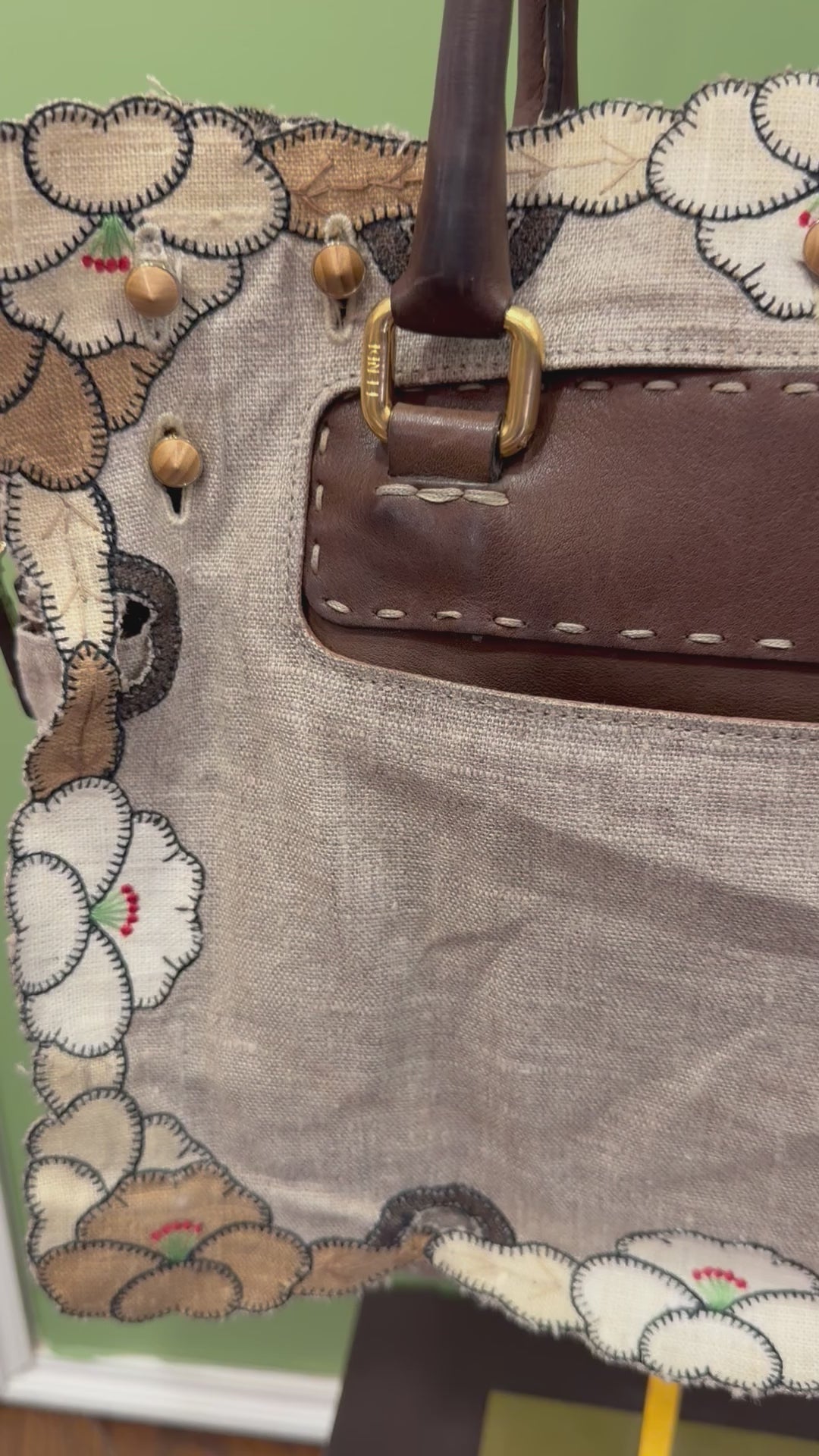 Fendi SS 2010 Linen & Leather Floral Appliqué Satchel Tote Bag