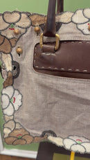 Fendi SS 2010 Linen & Leather Floral Appliqué Satchel Tote Bag