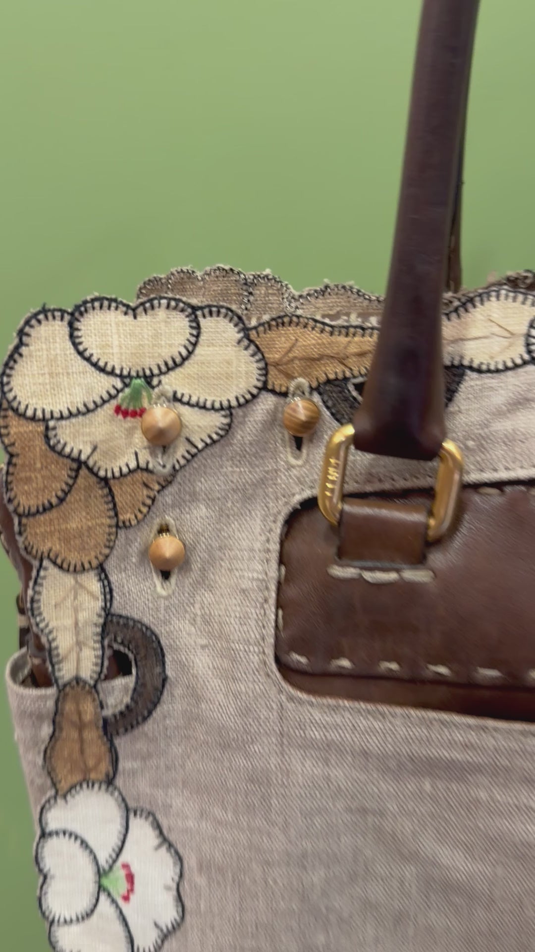 Fendi SS 2010 Linen & Leather Floral Appliqué Satchel Tote Bag