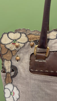 Fendi SS 2010 Linen & Leather Floral Appliqué Satchel Tote Bag